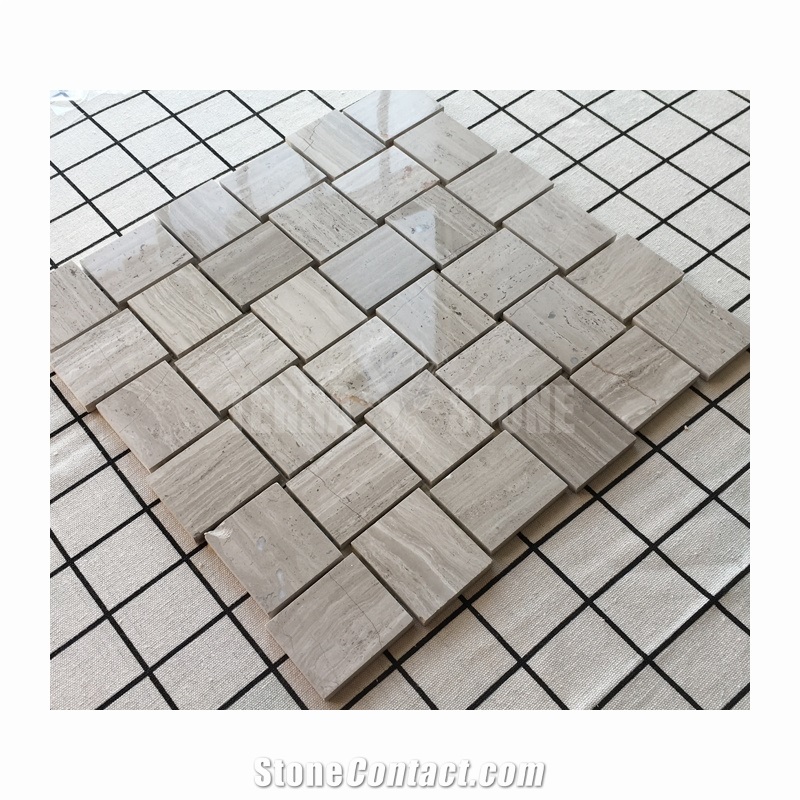 White Oak Wooden Marble Basketweave Mosaic Tile Polished