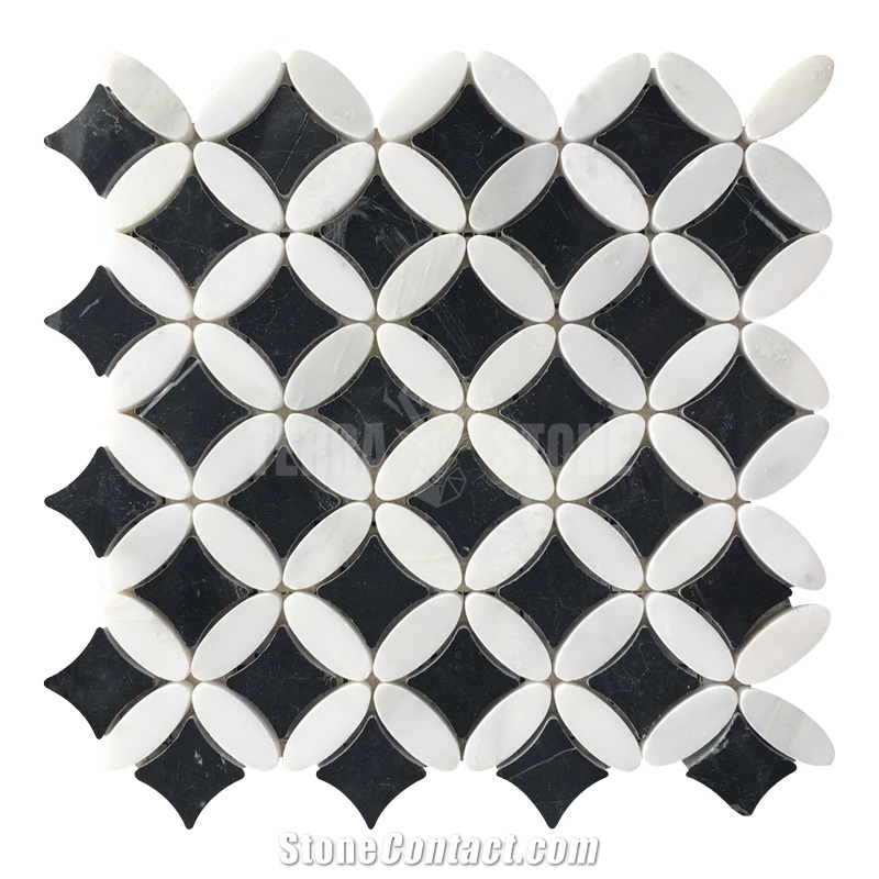 Black And White Stone Mosaic Flower Pattern Bathroom Floor