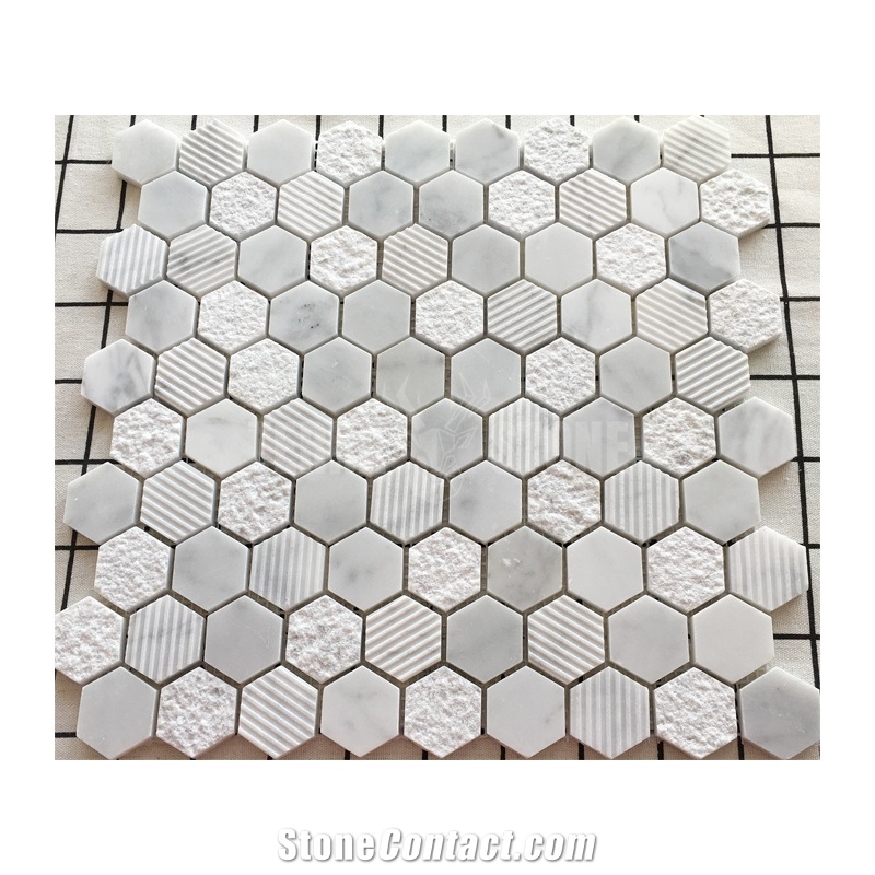 1 Inch Hexagon Carrara White Marble Stone Mosaic Textured