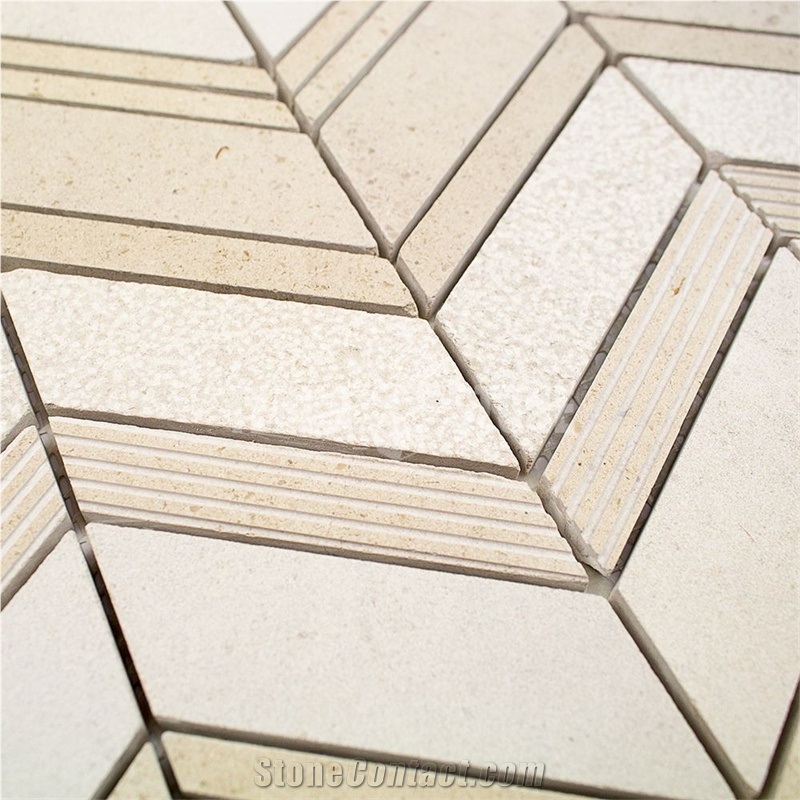 Winged Crema Marble Tile Chevron Pattern Textured Mosaic