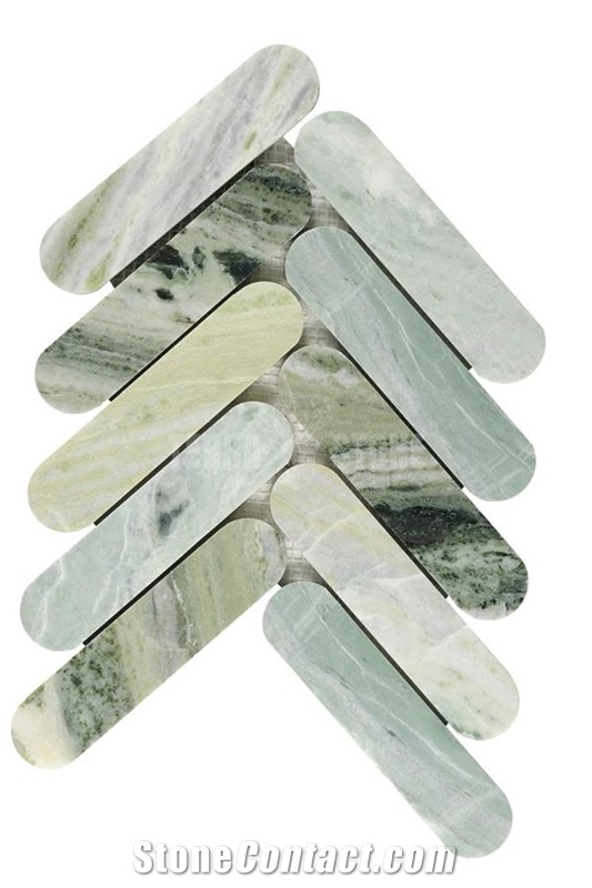 Connect Herringbone Oval Green Marble Mosaic 180X335x10mm