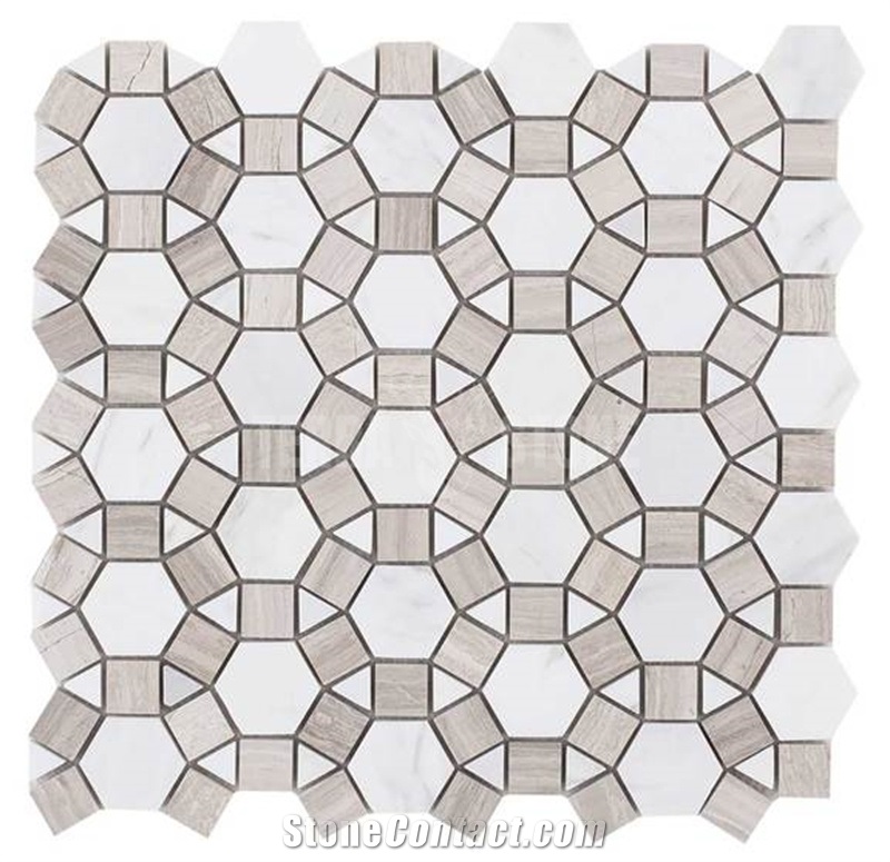 Football Pattern Circular Marble Mosaic White Wooden Tile