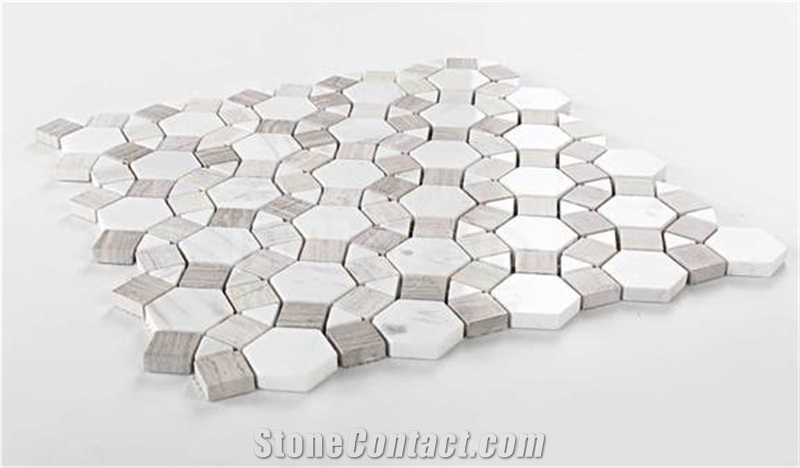 Football Pattern Circular Marble Mosaic White Wooden Tile