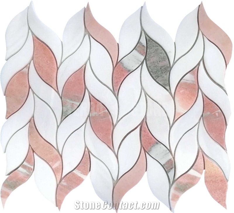 NORWEGIAN ROSE PINK AND WHITE LEAF MARBLE MOSAIC TILE