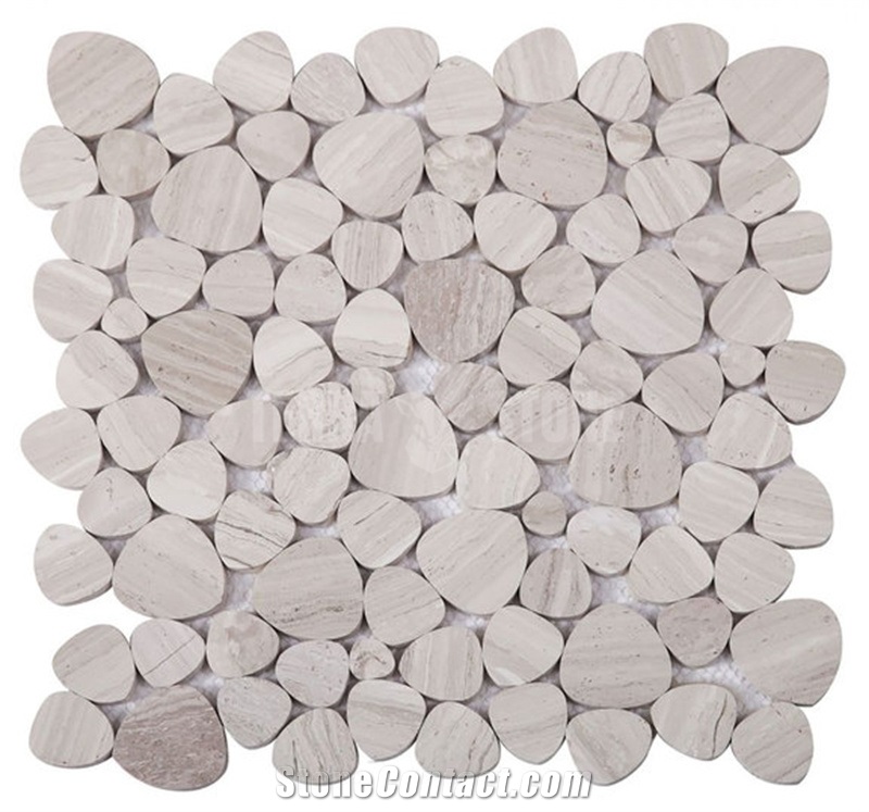 Pebble Heart Pattern White Wooden Marble Mosaic Tile