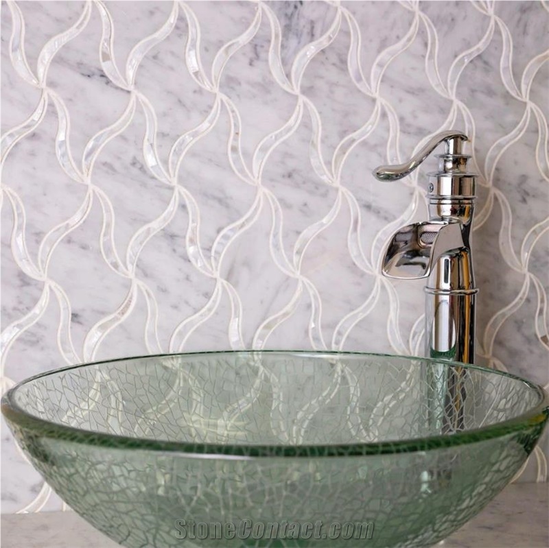 RIBBON WHITE MARBLE MOTHER OF PEARL WATERJET MOSAIC TILE