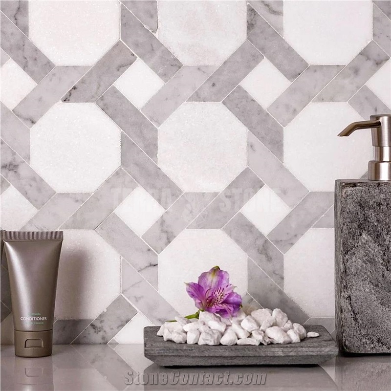 THASSOS AND CARRARA WEAVED OCTAGON MARBLE MOSAIC TILE