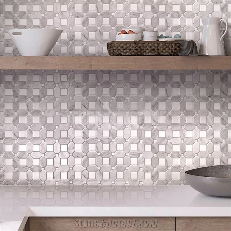 THASSOS SQUARE AND CARRARA OCTAGON MARBLE MOSAIC TILE