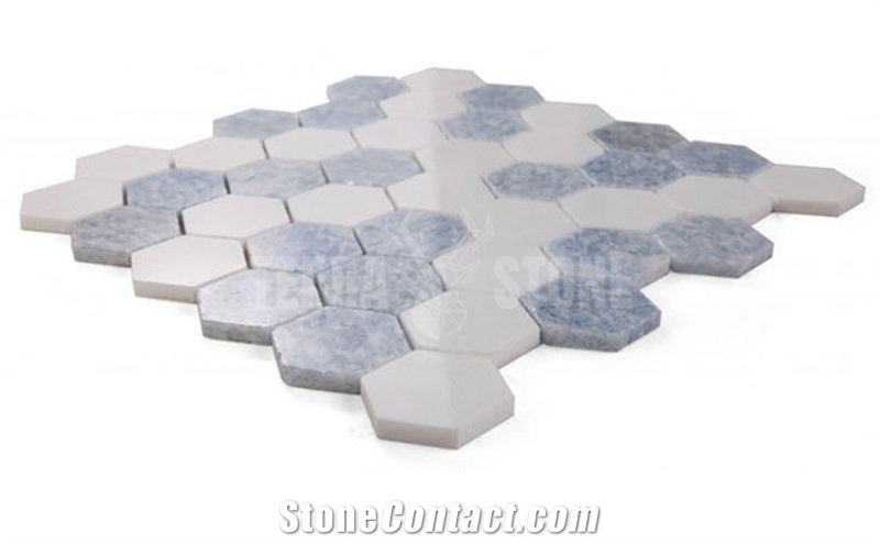 Thassos White And Blue Marble 2" Hexagon Mosaic Tile