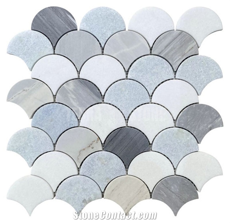 Thassos White And Blue Marble Fish Scale Big Fan Mosaic Tile