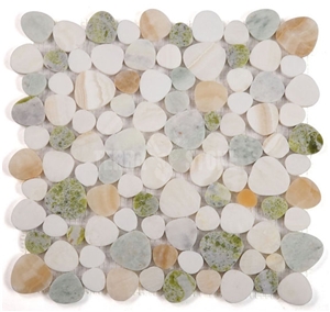 Thassos White Marble Honey Onyx Green Pebble Mosaic Tile