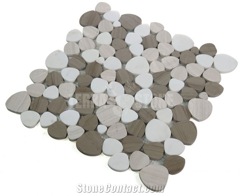 White And Anthens Wooden Marble Mosaic Pebble Pattern Tile