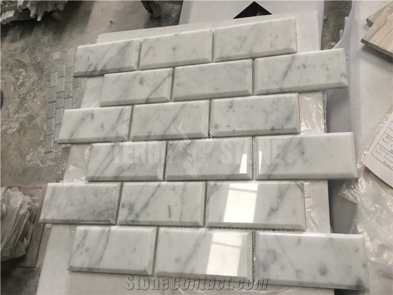White Wooden Marble Mosaic Subway Beveled Backsplash Tile