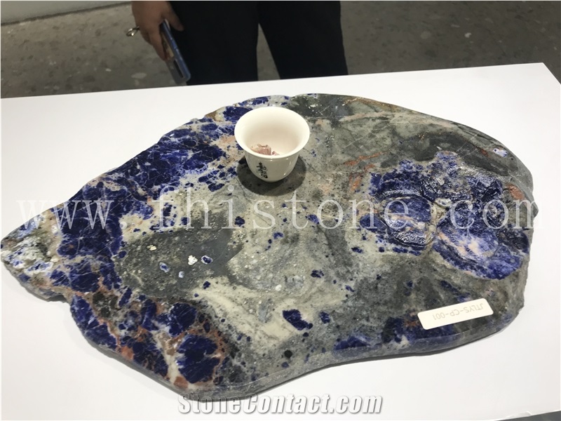 Sodalit Blue Stone Flower China Tea Tray Handmade Carved Gift