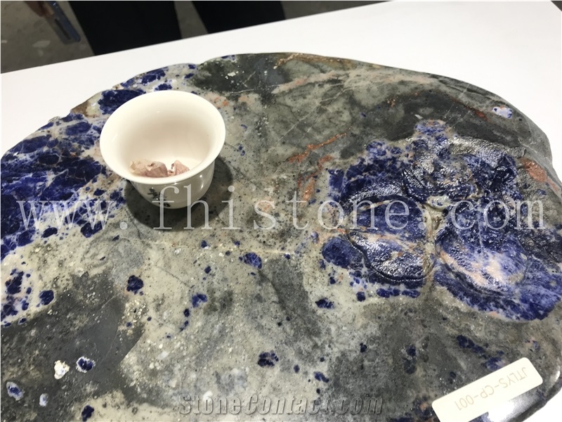 Sodalit Blue Stone Flower China Tea Tray Handmade Carved Gift