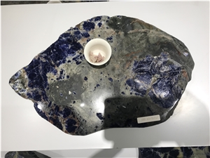 Sodalit Blue Stone Flower China Tea Tray Handmade Carved Gift