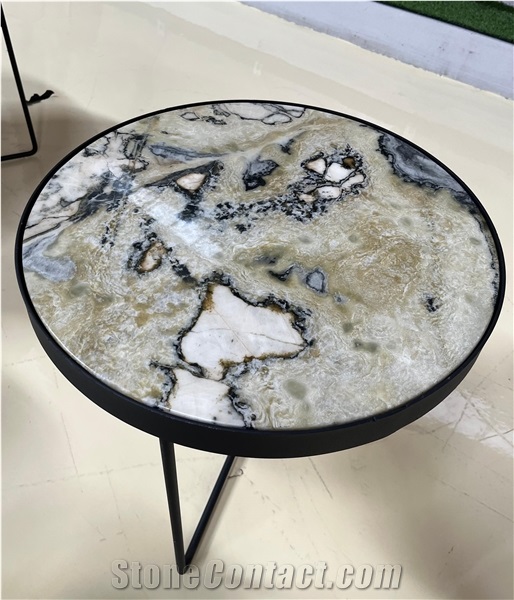 Natural Da Vinci Marble Round Marble Top Iron Coffee Table