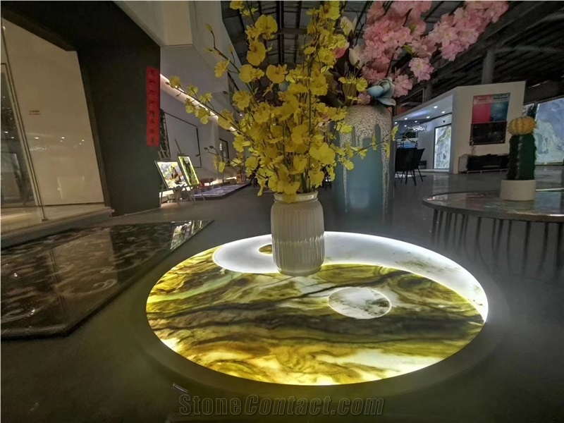 Ice Green  Table Top Luminous Round Marble Cafe Table Tops