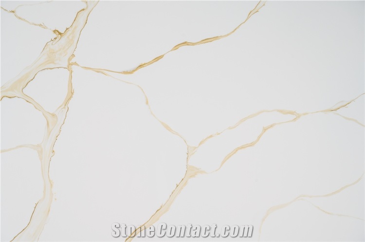 White Artificial Quartz Slab With Gold Golden Yellow Veins