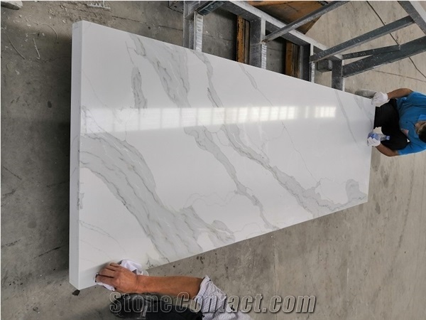 Carrara Calacatta Crystal White Quartz Prefab Kitchen Countertop