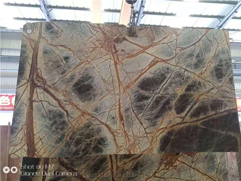 India Gold Rainforest Marble Slab With Wild Brown Vein