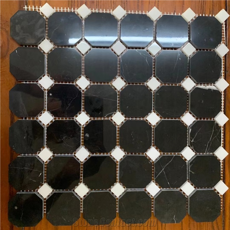 Nero Marquina Marble Octagon Mosaic Tile With White Dot