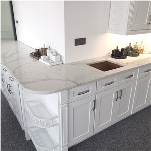 Prefab Calacatta White Quartz Kitchen Countertops
