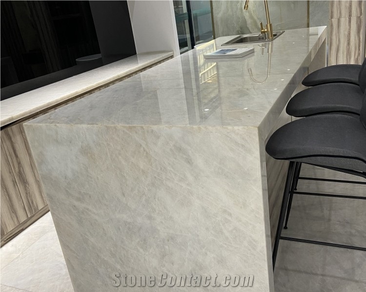 Cristallo White Quartzite Slabs Kitchen Countertop Design