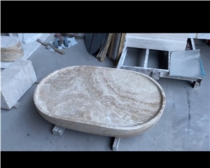 Natural Beige Oval Stone Coffee Table Travertine Tables