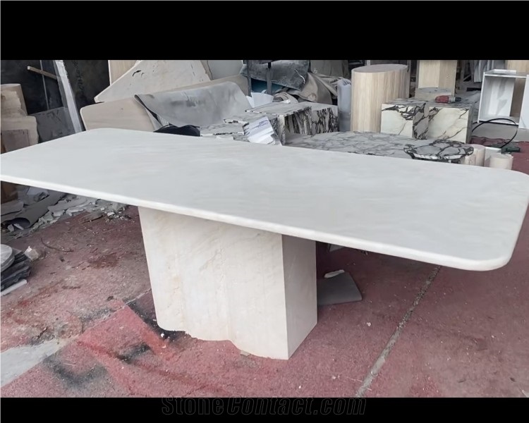 Newest Super White Travertine Precious Stone Dinning Table