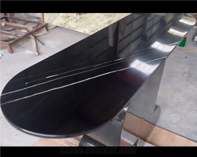 Oval Shape Natural Nero Marquina Marble Dinning Table
