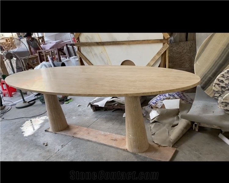 Oval Shape Travertine Coffee Tea Table Beige Stone Furniture