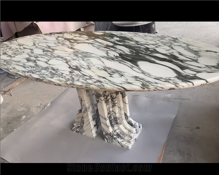 White Oval Natural Marble Arabescato Marble Dinning Table