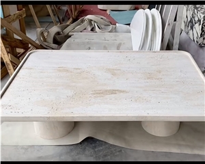 White Travertine Rectangle Shape Coffee Table Living Room