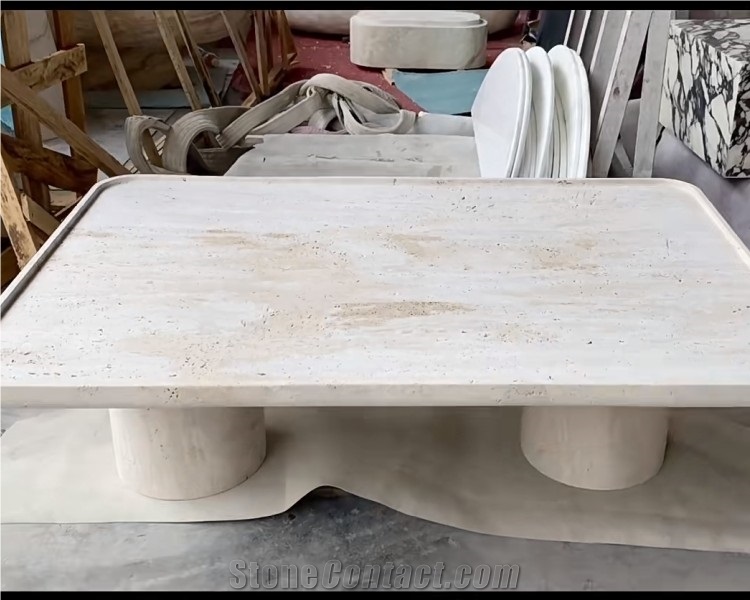 White Travertine Rectangle Shape Coffee Table Living Room