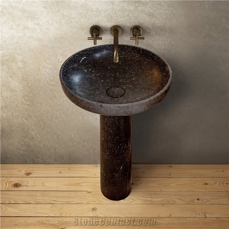 Natural Stone Black Marble Pedestal Round Sink Polished
