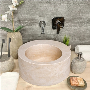 Natural Stone Light Beige Travertine Round Sink Honed (D)18"