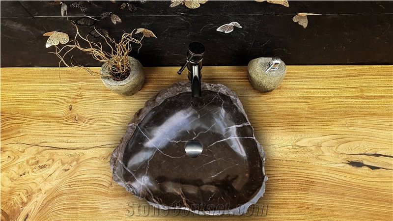 Toros Black Marble Natural Stone Vessel Sink (W)17" (L)17"