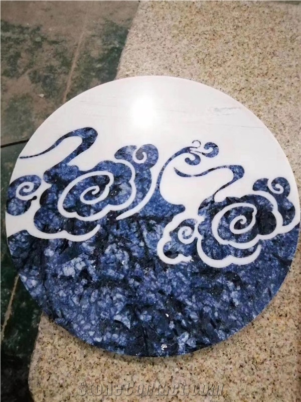 Round Inlay Azul Bahia Blue Granite Floor Medallion Waterjet
