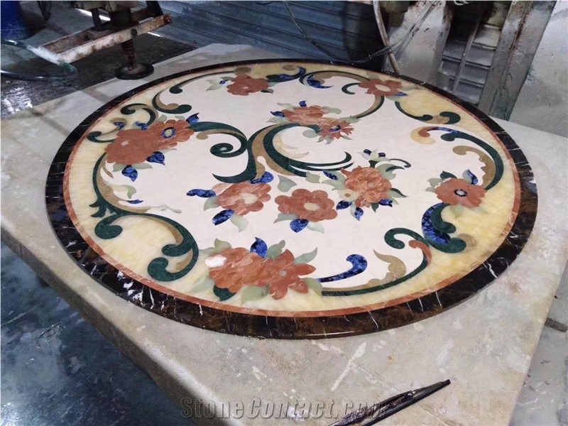 Inlay Chinoiserie Marble Onyx Round Floor Waterjet Pattern