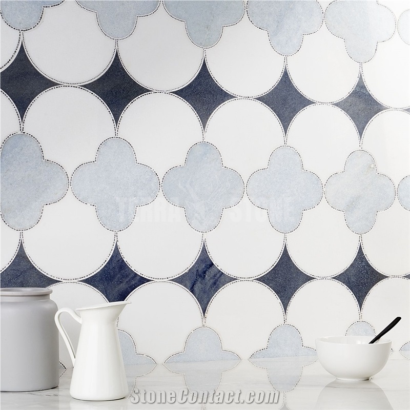 Waterjet Layla Azul Polished White Blue Marble Mosaic Tile