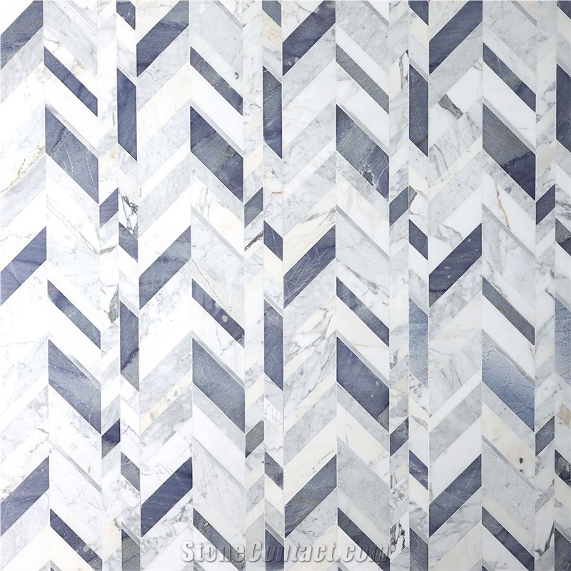Amari Azur Blue White Marble Aluminum Chevron Mosaic Tile