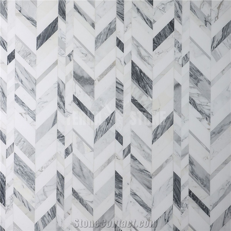 Amari Grigio Gray Marble And Aluminum Chevron Mosaic Tile