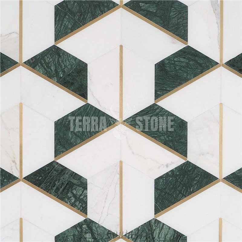 Decade Verde Polished Marble And Brass Mosaic Tile