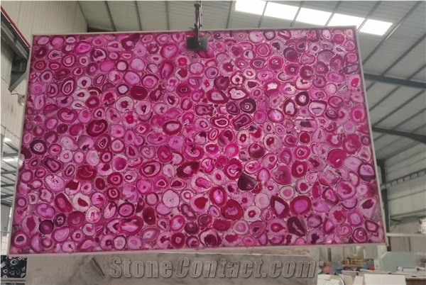 Pink Agate Semiprecious Stone Slab With Light