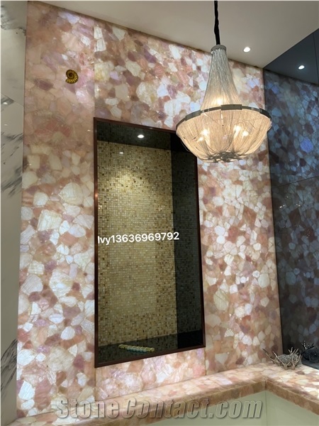 Pink Crystal Quartz Semiprecious Stone Bathroom Counter Unit