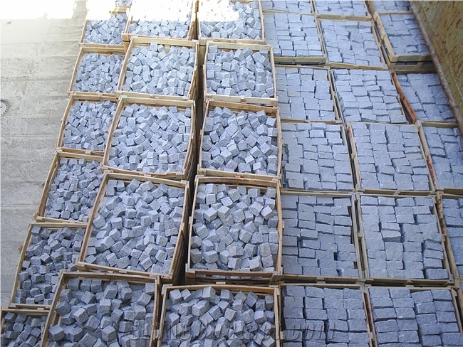 Bergama Grey Granite Cobblestone, Pavers, Cube Stone