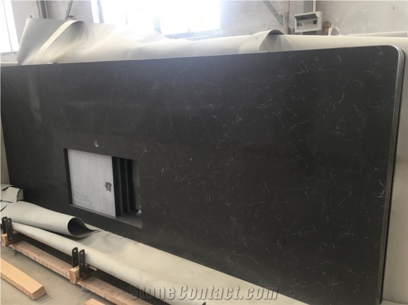 Carrara Black Quartz Kitchen Island Tops With Sink Cutout