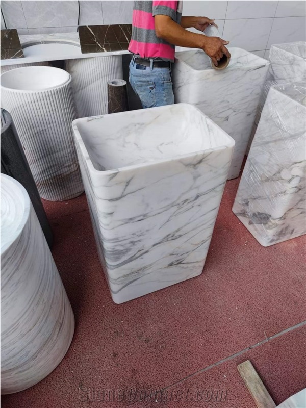 Carrara White Marble Pedestal Sink And Bathroom Washbasin