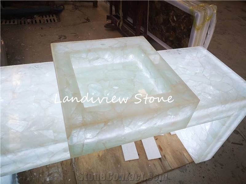 White Crystal Semiprecious Vanity Sink Rectangle Basin